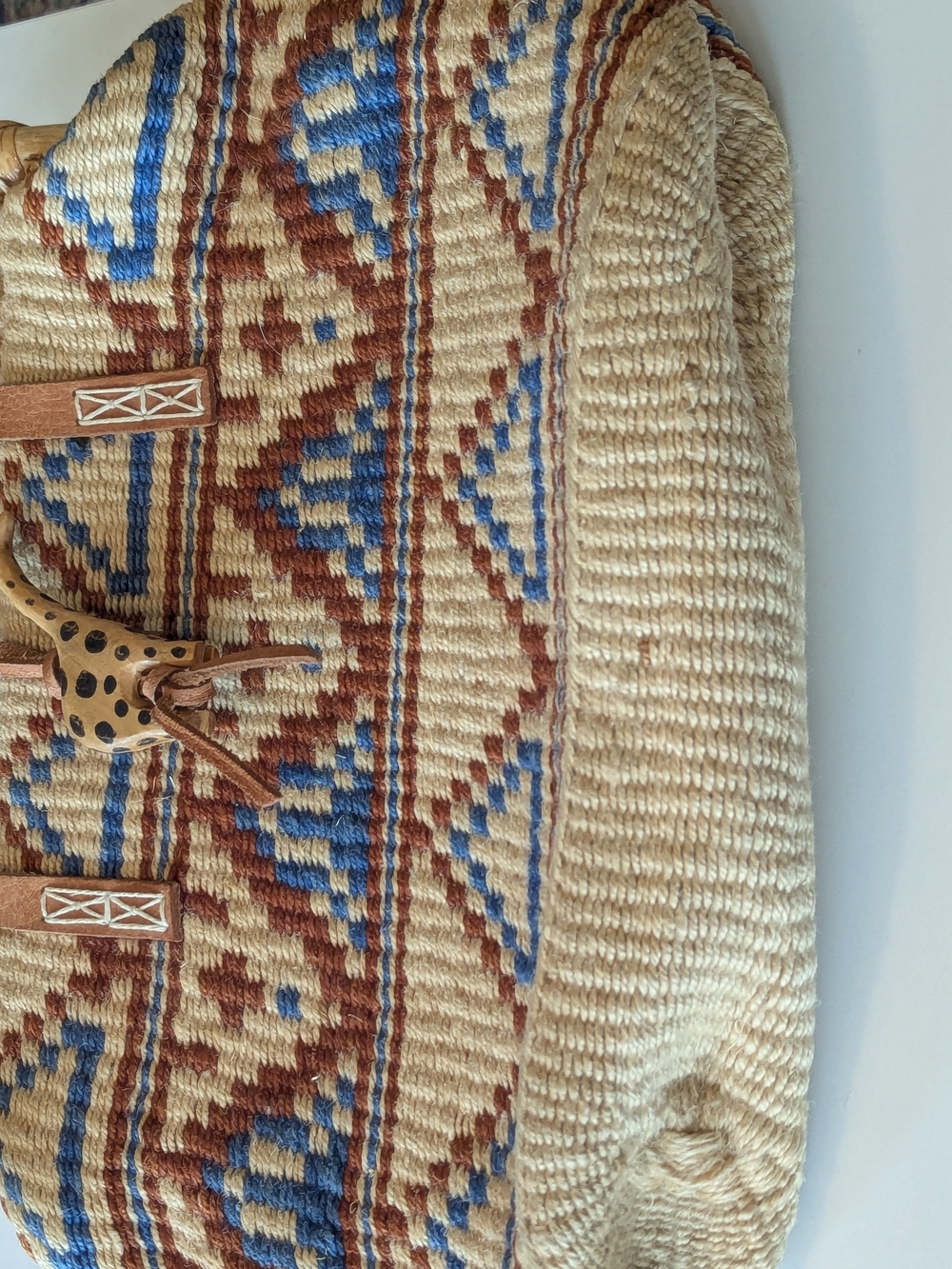 Vintage Sisal Market Jute Tote Bag Large Ethnic Boho Brown Blue - Picture 2 of 11